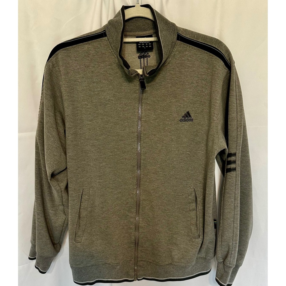 Adidas Mens Full Zip Track Jacket Grey Black Stripe Mock Neck Large